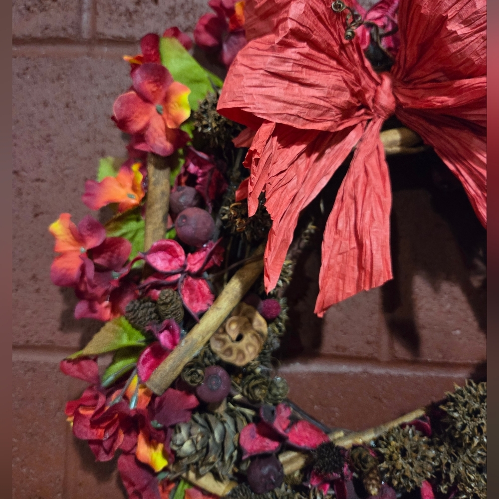 Festive Fall 16" Grapevine Wreath w/ Faux Flowers, Natural Pinecones & More - Picture 4 of 17